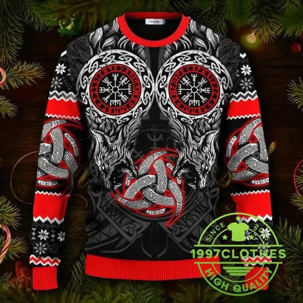 Red Triple Horn Pattern Wolf Viking Ugly Christmas Sweater, Viking Ugly Sweater