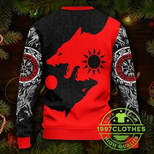 Red Wolf Black Wolf Viking Ugly Christmas Sweater, Viking Ugly Sweater