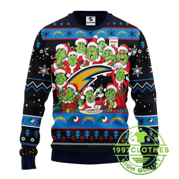 San Diego Chargers 12 Grinch Xmas Day Ugly Christmas Sweater, San Diego Chargers Ugly Sweater, NFL Ugly Sweater