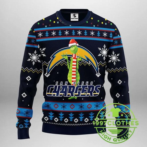 San Diego Chargers Funny Grinch Ugly Christmas Sweater, San Diego Chargers Ugly Sweater, NFL Ugly Sweater