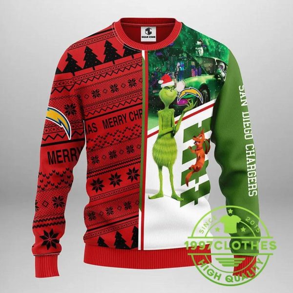 San Diego Chargers Grinch & Scooby-Doo Ugly Christmas Sweater, San Diego Chargers Ugly Sweater, NFL Ugly Sweater