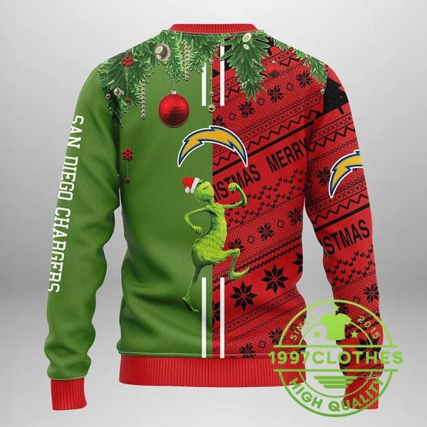 San Diego Chargers Grinch & Scooby-Doo Ugly Christmas Sweater, San Diego Chargers Ugly Sweater, NFL Ugly Sweater