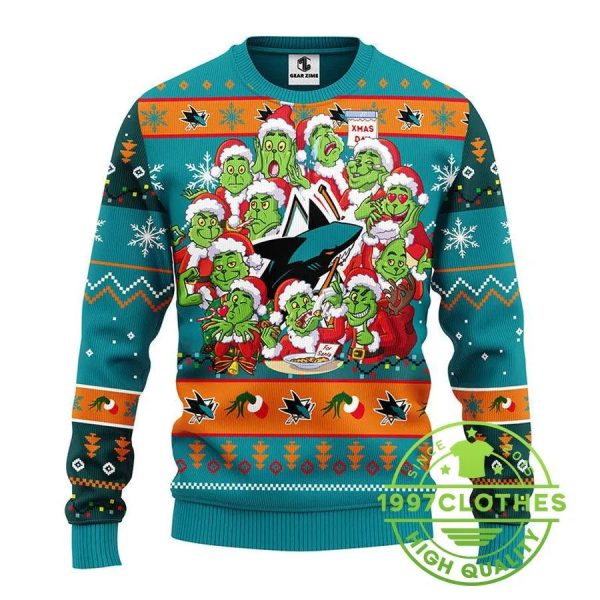 San Jose Sharks 12 Grinch Xmas Day Ugly Christmas Sweater, San Jose Sharks Ugly Sweater, NHL Ugly Sweater