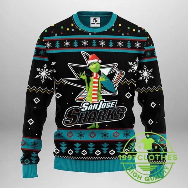 San Jose Sharks Funny Grinch Ugly Christmas Sweater, San Jose Sharks Ugly Sweater, NHL Ugly Sweater