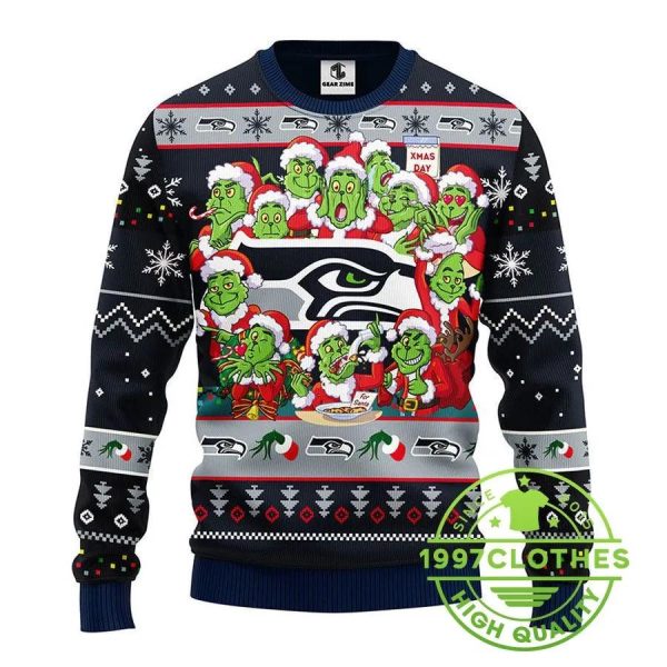 Seattle Seahawks 12 Grinch Xmas Day Ugly Christmas Sweater, Seattle Seahawks Ugly Sweater, NFL Ugly Sweater