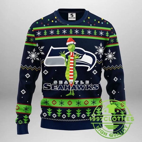 Seattle Seahawks Funny Grinch Ugly Christmas Sweater, Seattle Seahawks Ugly Sweater, NFL Ugly Sweater