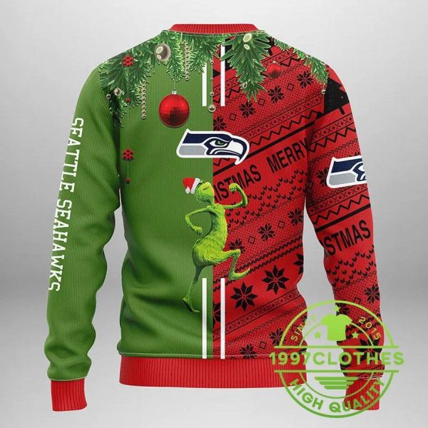 Seattle Seahawks Grinch & Scooby-Doo Ugly Christmas Sweater, Seattle Seahawks Ugly Sweater, NFL Ugly Sweater