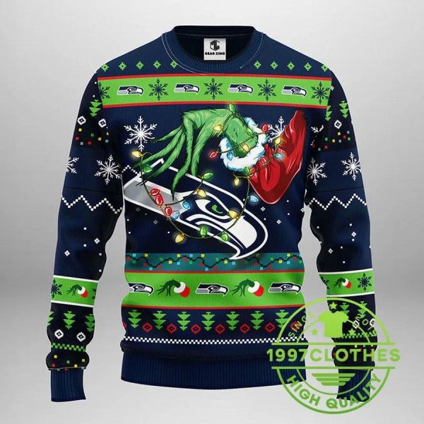 Seattle Seahawks Grinch Ugly Christmas Sweater, Seattle Seahawks Ugly Sweater, NFL Ugly Sweater