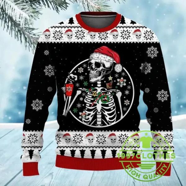 Skeleton Drinking Coffee Skull Funny Ugly Christmas Sweater,  Funny Skull Xmas Sweater, Skull Ugly Sweater