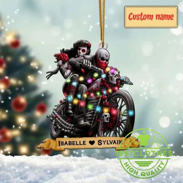 Skull Ghost Lover Couple Motorcycle Led Custom Ornament, Custom Christmas Ornament, Skull Christmas Decorations