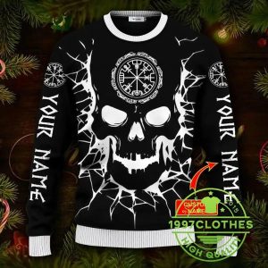 Skull Vegvisir Back And White Viking Custom Ugly Christmas Sweater 1 1