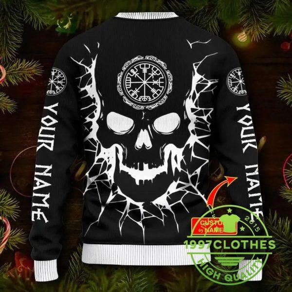 Skull Vegvisir Back And White Viking Custom Ugly Christmas Sweater, Viking Ugly Sweater