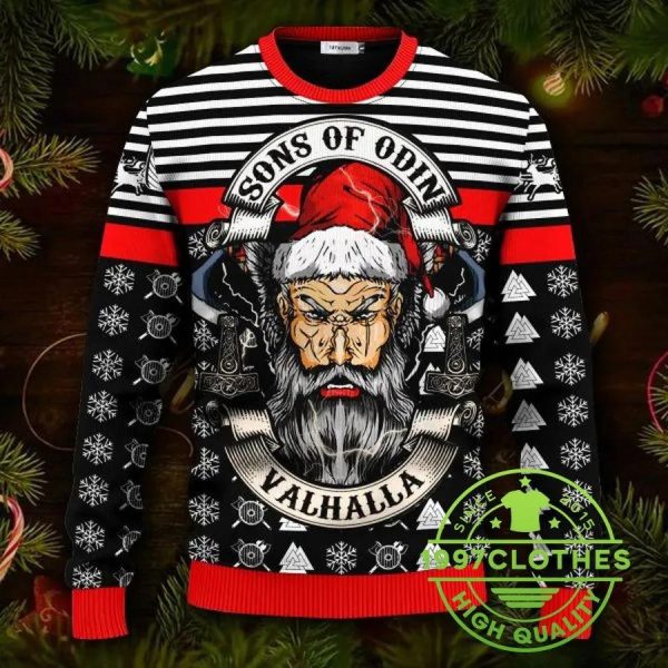 Sons Of Odin Valhalla Viking Ugly Christmas Sweater, Viking Ugly Sweater