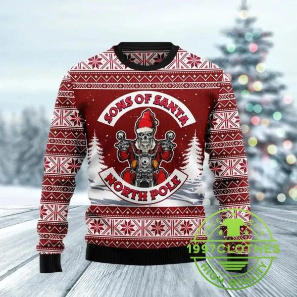 Sons Of Santa North Pole Skull Ugly Christmas Sweater, Christmas Sweater With Skulls, Funny Skull Xmas Sweater, Skull Ugly Sweater