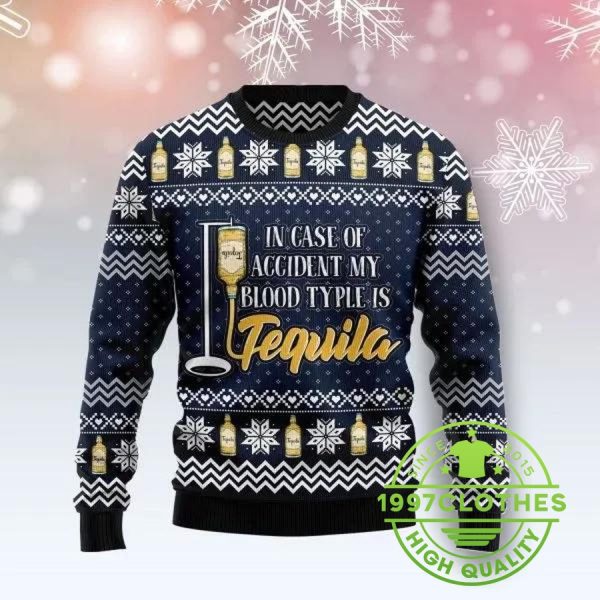 Tequila My Blood Type Ugly Christmas Sweater, Beer Ugly Sweater