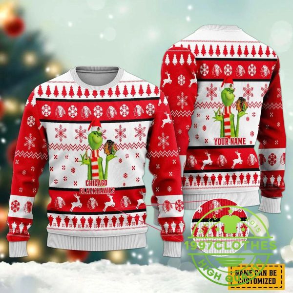 The Grinch Chicago Blackhawks Ugly Christmas Sweater, Chicago Blackhawks Ugly Sweater, NHL Ugly Sweater