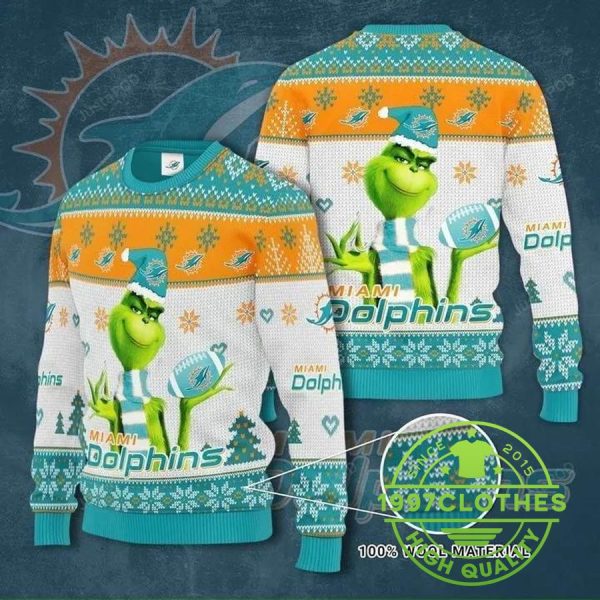 The Grinch Miami Dolphins Ugly  Christmas Sweater, Miami Dolphins Ugly Sweater, NFL Ugly Sweater