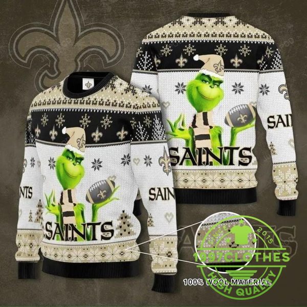 The Grinch New Orleans Saints Ugly Christmas Sweater, New Orleans Saints Ugly Sweater, NFL Ugly Sweater