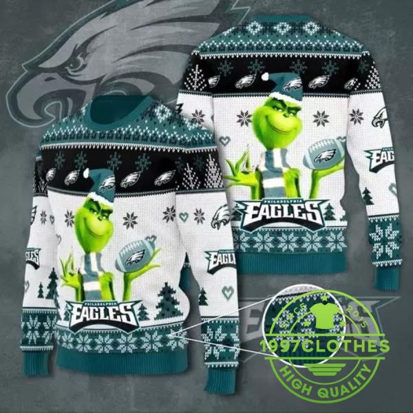 The Grinch Philadelphia Eagles Ugly Christmas Sweater, Philadelphia Eagles Ugly Sweater, NFL Ugly Sweater