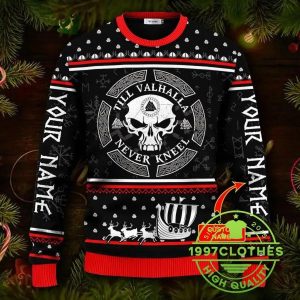 Till Valhalla Never Kneel Custom Name Viking Ugly Christmas Sweater 1