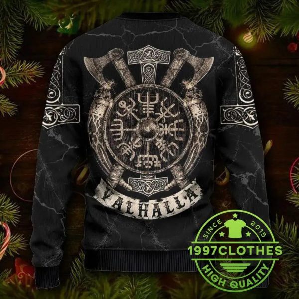 Valhalla Vegvisir Pattern Viking Ugly Christmas Sweater, Viking Ugly Sweater