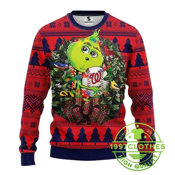 Washington Nationals Grinch Hug Ugly Christmas Sweater, Washington Nationals Ugly Sweater, MLB Christmas Sweater