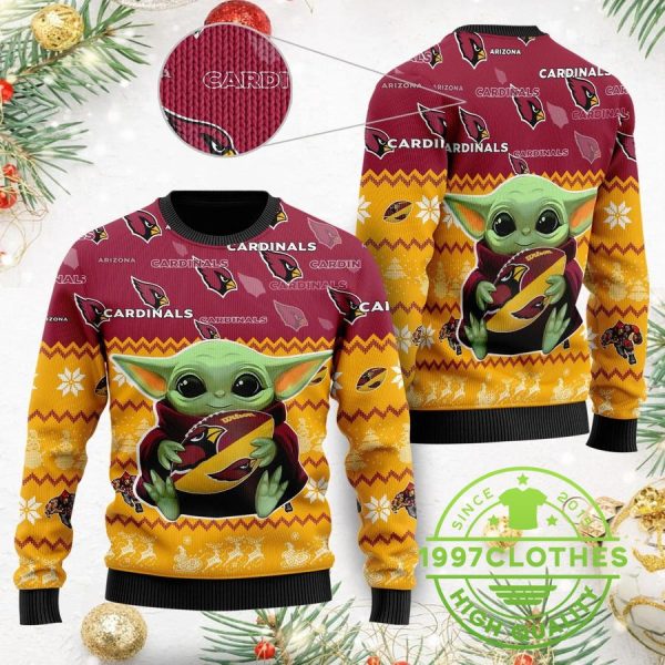 Arizona Cardinals Baby Yoda Hug Ugly Christmas Sweater, Arizona Cardinals Ugly Sweater, NFL Ugly Sweater