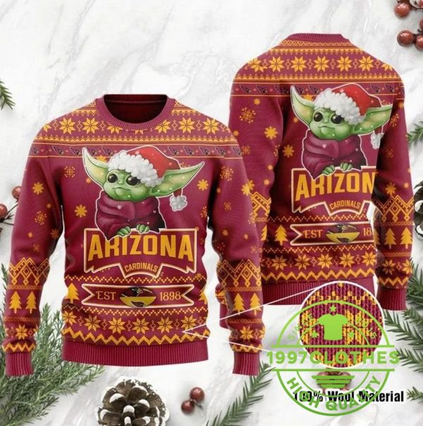 Arizona Cardinals Cute Baby Yoda Grogu Ugly Christmas Sweater, Arizona Cardinals Ugly Sweater, NFL Ugly Sweater