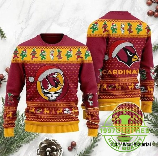 Arizona Cardinals Grateful Dead Skull And Bears Custom Name Ugly Christmas Sweater, Arizona Cardinals Ugly Sweater, NFL Ugly Sweater