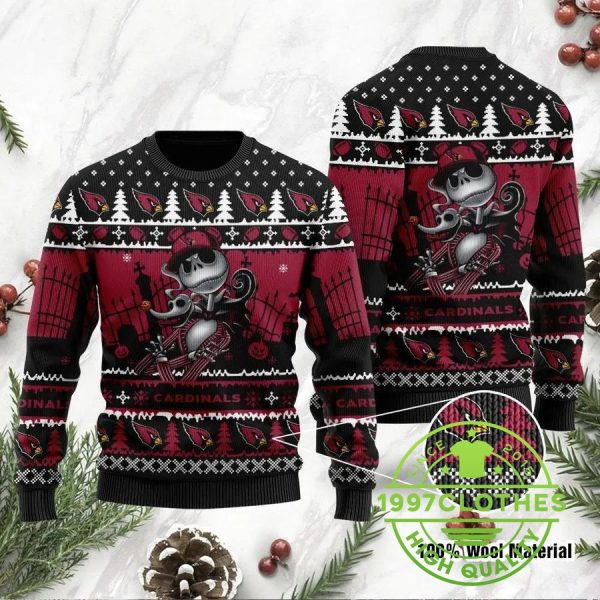 Arizona Cardinals Jack Skellington Halloween Ugly Christmas Sweater, Arizona Cardinals Ugly Sweater, NFL Ugly Sweater