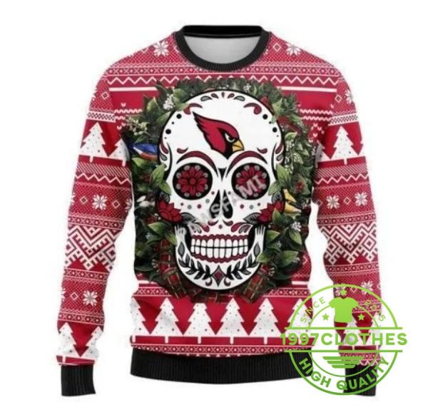 Arizona Cardinals Skull Flower Ugly Christmas Sweater, Arizona Cardinals Ugly Sweater, NFL Ugly Sweater