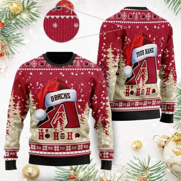 Arizona Diamondbacks Santa Claus Hat Ho Ho Ho Custom Name Ugly Christmas Sweater, Arizona Diamondbacks Ugly Sweater, MLB Christmas Sweater