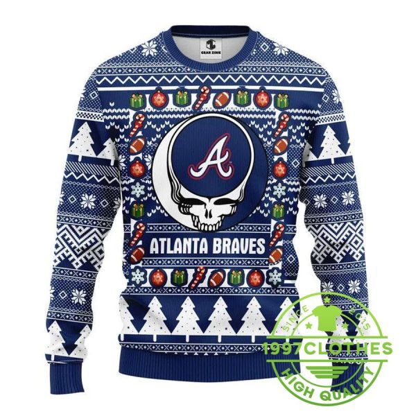 Atlanta Braves Grateful Dead Ugly Christmas Sweater, Atlanta Braves Ugly Sweater, MLB Christmas Sweater