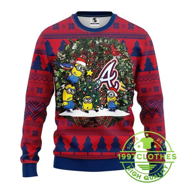 Atlanta Braves Minion Ugly Christmas Sweater, Atlanta Braves Ugly Sweater, MLB Christmas Sweater