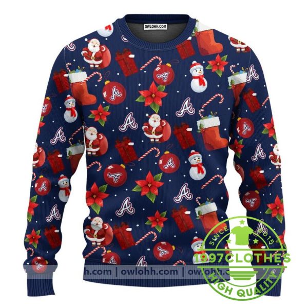 Atlanta Braves Santa Claus Snowman Ugly Christmas Sweater, Atlanta Braves Ugly Sweater, MLB Christmas Sweater