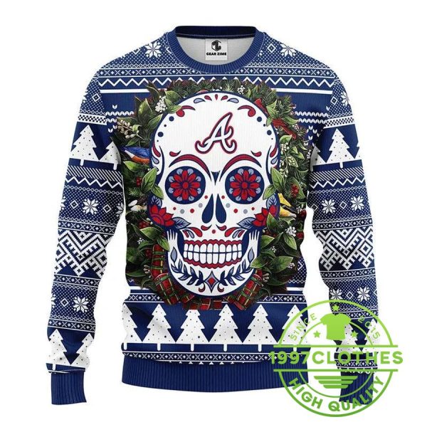 Atlanta Braves Skull Flower Ugly Christmas Sweater, Atlanta Braves Ugly Sweater, MLB Christmas Sweater