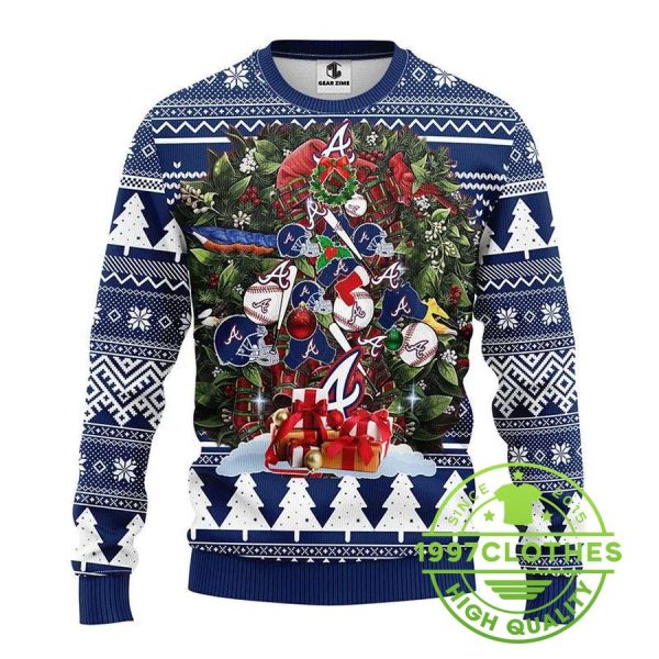 Atlanta Braves Tree Christmas Ugly Christmas Sweater, Atlanta Braves Ugly Sweater, MLB Christmas Sweater