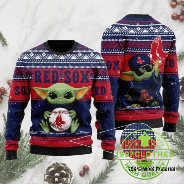 Baby Yoda And Grogu Boston Red Sox Christmas Ugly Sweater, Boston Red Sox Ugly Sweater, MLB Christmas Sweater