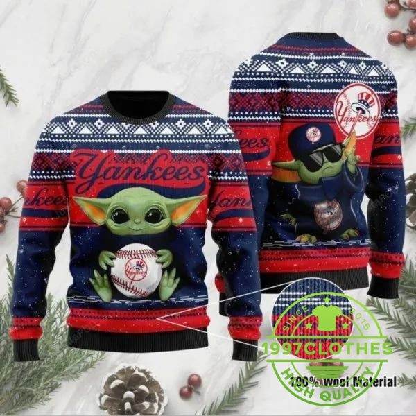 Baby Yoda And Grogu New York Yankees Christmas Ugly Sweater, New York Yankees Ugly Sweater, MLB Christmas Sweater