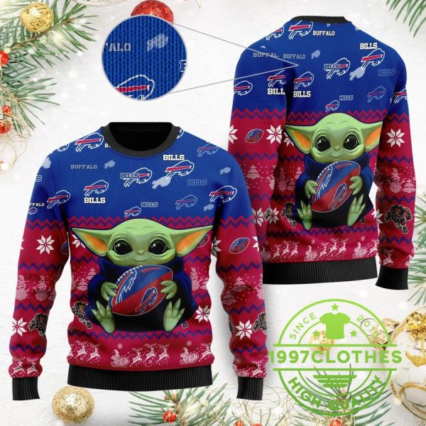 Baby Yoda Hug Buffalo Bills Ugly Christmas Sweater, Buffalo Bills Ugly Sweater, NFL Ugly Sweater