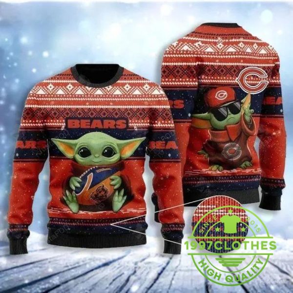 Baby Yoda Hug Chicago Bears Ugly Christmas Sweater, Chicago Bears Ugly Sweater, NFL Ugly Sweater