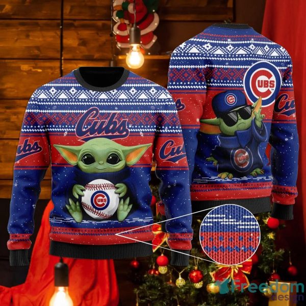 Baby Yoda Hug Chicago Cubs Ugly Christmas Sweater, Chicago Cubs Ugly Sweater, MLB Christmas Sweater