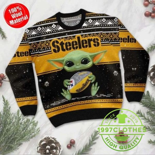 Baby Yoda Hug Pittsburgh Steelers Christmas Ugly Sweater, Pittsburgh Steelers Ugly Sweater, NFL Ugly Sweater