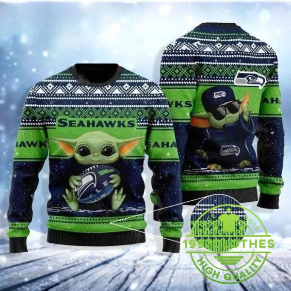 Baby Yoda Hug Seattle Seahawks Ugly Christmas Sweater, Seattle Seahawks Ugly Sweater, NFL Ugly Sweater