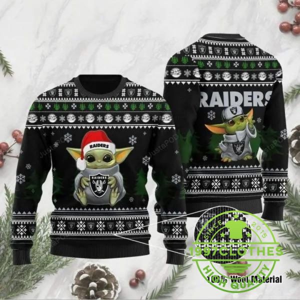 Baby Yoda Las Vegas Raiders Christmas Ugly Sweater, Las Vegas Raiders Ugly Sweater, NFL Ugly Sweater