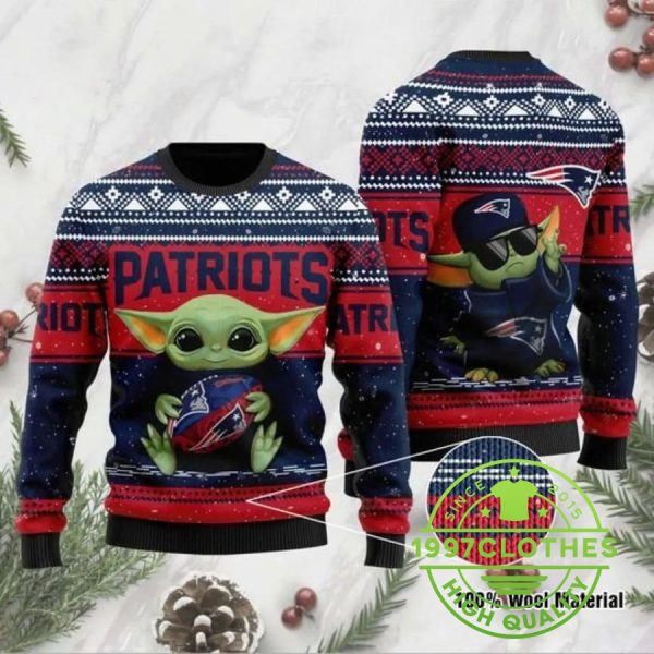 Baby Yoda Love New England Patriots Ugly Christmas Sweater, New England Patriots Ugly Sweater, NFL Ugly Sweater