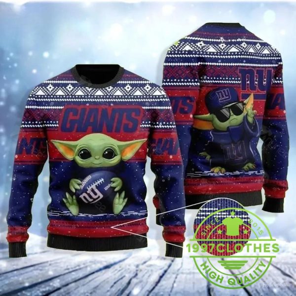 Baby Yoda New York Giants Ugly Christmas Sweater, New York Giants Ugly Sweater, NFL Ugly Sweater