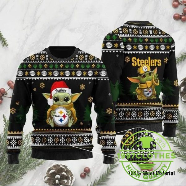 Baby Yoda Santa Hat Pittsburgh Steelers Ugly Christmas Sweater, Pittsburgh Steelers Ugly Sweater, NFL Ugly Sweater