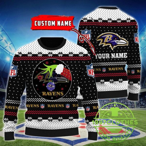 Baltimore Ravens Grinch Personalized Ugly Christmas Sweater, Baltimore Ravens Ugly Sweater, NFL Ugly Sweater