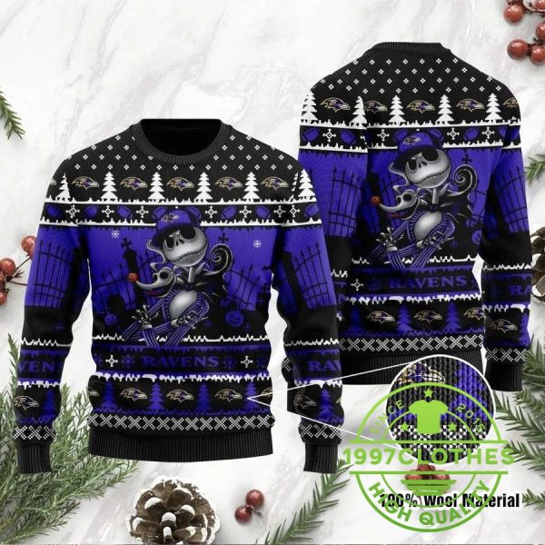 Baltimore Ravens Jack Skellington NFL Ugly Christmas Sweater, Baltimore Ravens Ugly Sweater, NFL Ugly Sweater